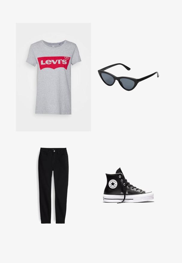 Grijze katoen t-shirt met een groot rood Levi's logo over de borst, met een klassieke ronde hals en korte mouwen.; Zwarte slim-fit spijkerbroek met knopen en rits aan de voorkant, vijf zakken en ceintuurlussen, plat gelegd op een witte achtergrond.; Zwarte hoge Converse Chuck Taylor All Star sneaker met witte rubberen zool en logo-opdruk op de enkel, weergegeven op een witte achtergrond.; Zwarte cat-eye zonnebril met donkergrijze lenzen, slank plastic frame, puntige hoeken en rechte pootjes. Geen zichtbare hardware of accenten.