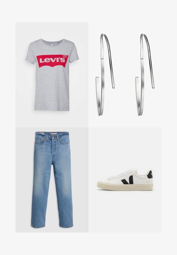 Grauer Baumwoll-T-Shirt mit einem großen roten Levi's-Logo über der Brust, klassischem Rundhals und kurzen Ärmeln.; Hellblaue gerade geschnittene Jeans aus Denim mit Fronttaschen, Gürtelschlaufen und einem Knopfverschluss auf einem schlichten Hintergrund.; Weißes Leder-Sneaker mit schwarzem Gummi-V-Logo. Strukturierte cremefarbene Sohle, weiße Schnürsenkel und Fersendetail in Schwarz mit dem Markennamen.; Ein Paar dünne, silberne, offene Creolenohrringe mit flacher, glatter Oberfläche und Hakenverschluss vor einem weißen Hintergrund.