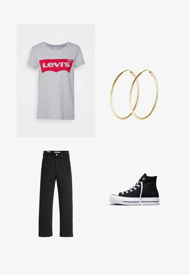 Grauer Baumwoll-T-Shirt mit einem großen roten Levi's-Logo über der Brust, klassischem Rundhals und kurzen Ärmeln.; Schwarze Denim-Jeans mit geradem Bein, hoher Taille, fünf Taschen, Metallknopfverschluss und minimalen Stitching-Details.; Schwarzer High-Top-Canvas-Sneaker mit weißer Gummisohle und weißen Schnürsenkeln, seitlich dargestellt vor weißem Hintergrund.; Goldene Creolen mit einem glatten, abgerundeten Design und einem glänzenden Finish. Leichte Bauweise mit einem sicheren Verschluss.