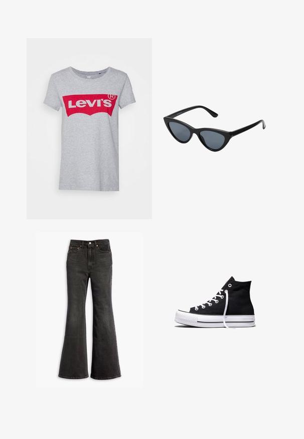 Grijze katoen t-shirt met een groot rood Levi's logo over de borst, met een klassieke ronde hals en korte mouwen.; Zwarte high-waisted denim jeans met een flared leg, vijf-pocket ontwerp en koperen klinknagels.; Zwarte hooggesloten canvas sneaker met witte rubberen zool en witte veters, zijwaarts weergegeven op een witte achtergrond.; Zwarte cat-eye zonnebril met donkergrijze lenzen, slank plastic frame, puntige hoeken en rechte pootjes. Geen zichtbare hardware of accenten.
