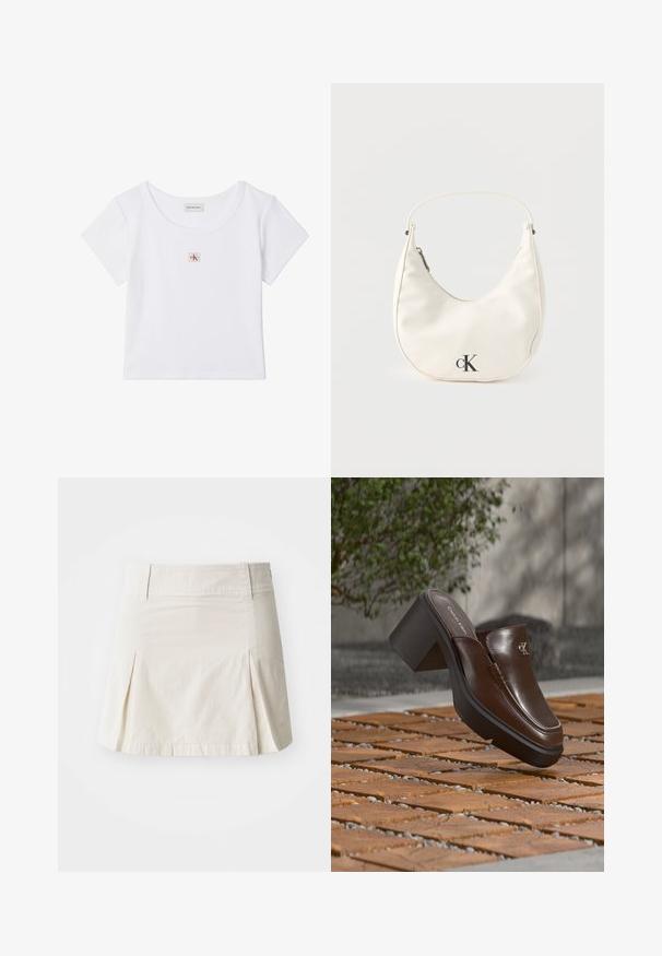 Witte top met korte mouwen en een ronde hals, met een klein rood-zwart Calvin Klein-logo in het midden van de borst.; Lichtbeige katoenen rok met een aansluitende taille, geplooid ontwerp en rechte zoom, met een soepele textuur en zonder zichtbare hardware.; Bruine leren Calvin Klein mule met hak die boven houten tegelvloer zweeft met een vervaagde groene plant en muur op de achtergrond.; Kleine witte handtas in de vorm van een halve maan met een kort hengsel, ritssluiting en zwart "cK" logo aan de voorkant.