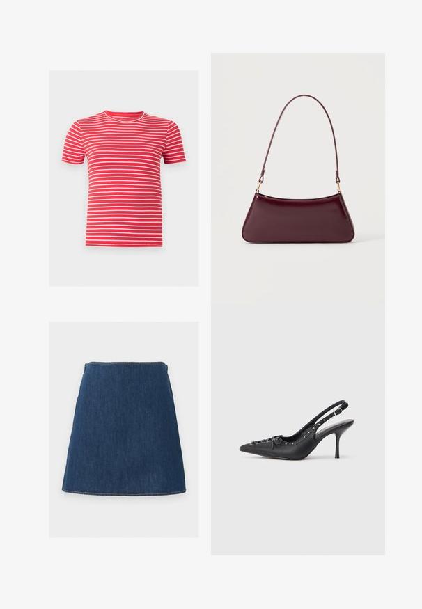 T-shirt rouge à manches courtes avec fines rayures horizontales blanches et col rond, présenté sur un fond gris clair uni.; Mini-jupe en denim bleu foncé avec une forme simple en ligne A et des coutures visibles le long de l'ourlet et de la taille.; Escarpin en cuir noir à talon aiguille avec un bout pointu, une bride latérale à boucle, des clous le long du bord et un laçage décoratif à l'avant.; Sac à main brillant bordeaux foncé avec une anse fine unique et une forme trapézoïdale élégante sur un fond clair uni.