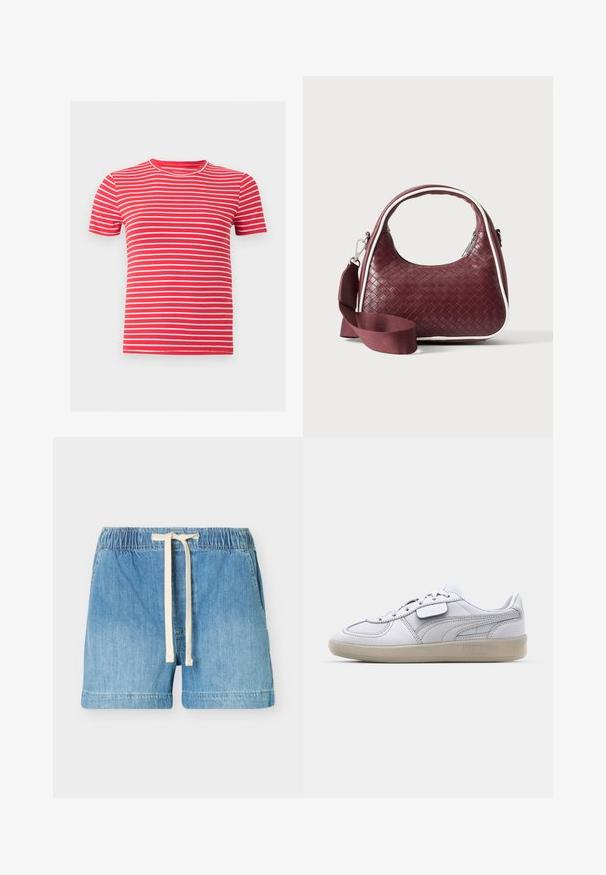 T-shirt rouge à manches courtes avec fines rayures horizontales blanches et col rond, présenté sur un fond gris clair uni.; Short en denim bleu clair avec taille élastique et cordon blanc, poches avant et ourlet droit.; Baskets blanches en cuir avec des accents gris, fermeture à lacets et semelle en caoutchouc texturée. Présente un logo bien en vue sur le côté.; Sac à main en cuir tressé marron foncé avec poignée courbée, garniture blanche, fermeture éclair argentée et bandoulière large en tissu amovible sur fond uni.