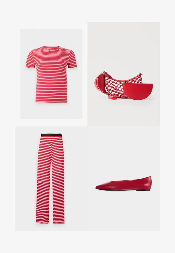 T-shirt rouge à manches courtes avec fines rayures horizontales blanches et col rond, présenté sur un fond gris clair uni.; Pantalons ample rayés rouges et blancs avec une ceinture élastique noire, fabriqués en tissu doux, présentant des rayures horizontales uniformes.; Chaussure plate en cuir rouge à bout pointu, semelle noire et petit talon, vue de profil sur un fond clair uni.; Sac à main rouge avec une couche extérieure en filet et deux pochettes semi-circulaires amovibles, présenté sur un fond clair uni.