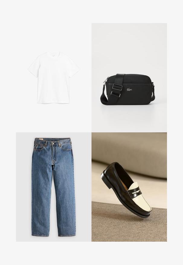 Camiseta de algodón blanca con cuello redondo y mangas cortas. La tela parece suave con un diseño clásico y de corte recto.; Jeans de mezclilla azul con un corte recto, que cuentan con una cintura alta, remaches de cobre y costuras naranjas. Incluyen bolsillos delanteros y traseros.; Mocasines de cuero negro con un vampiro color crema y rayas de acento negras, presentando un tacón bajo y costuras detalladas a lo largo de los bordes.; Bandolera negra hecha de tela texturizada, con cierre de cremallera, correa ajustable y un logo plateado de Lacoste en la parte frontal.