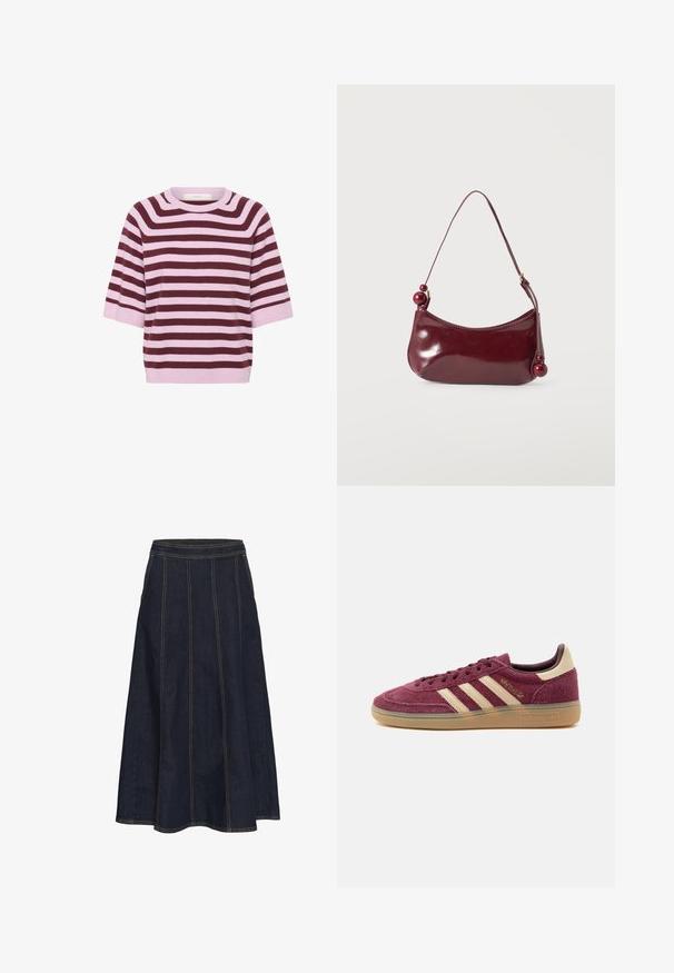 Top de punto de manga corta con rayas horizontales en rosa y rojo oscuro y escote redondeado.; Falda A de mezclilla oscura con una cinturilla ancha, costuras visibles y un dobladillo acampanado. No tiene bolsillos ni adornos.; Zapatilla deportiva de perfil bajo en ante granate con rayas Adidas beige, suela de goma y letras doradas "Spezial" en el lateral, mostrada sobre fondo blanco.; Bolso pequeño brillante de color rojo oscuro con un borde superior curvado y cuentas redondas decorativas en los extremos de la correa.