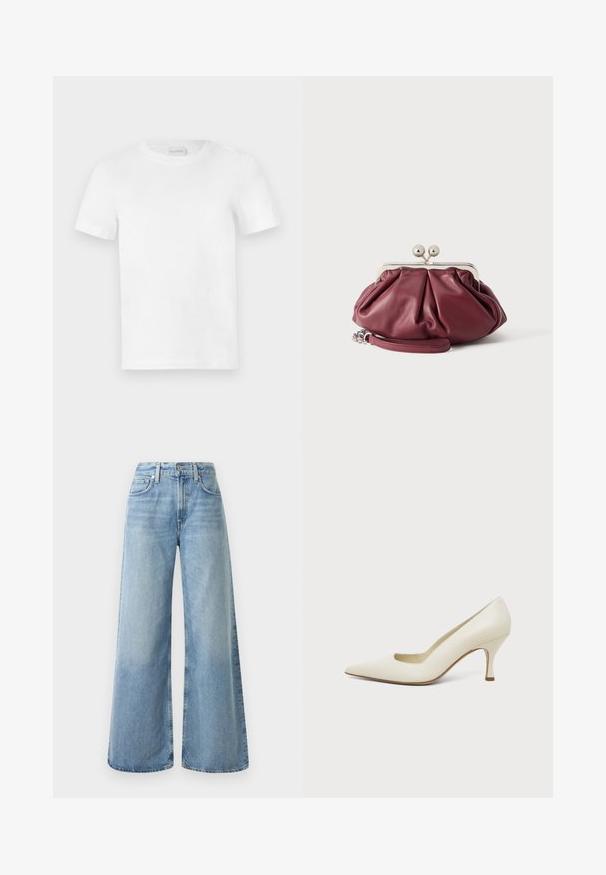 Wit katoenen T-shirt met een ronde hals en korte mouwen. Gladde textuur zonder zichtbare patronen of accenten. Eenvoudig, onopgesmukt ontwerp.; Lichtblauwe denim wijde jeans met een hoge taille, voorzien van vier zakken, een knoopsluiting en subtiele vervaging op de stof.; Crèmekleurige leren pumps met spitse neus en een slanke, middenhoge hak op een effen lichte achtergrond.; Kleine bordeauxrode leren clutch met zilveren metalen gesp en polsriem op een witte achtergrond.