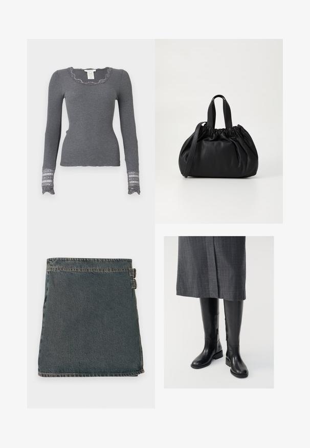 Grå langærmet ribbestrikket top med bølget udskæring og blondeprydede manchetter, der har et struktureret mønster.; DEnim indpakket nederdel i mørkeblå med en tekstureret overflade, der har to sidelukninger og en lige kant. Synede sømme er synlige langs kanterne.; Knæhøje sorte læderstøvler med en glat tekstur, lynlåse i siden og en flad sål. Støvlerne har et struktureret skaft og minimalt hardware.; Sort læderhåndtaske med en samlet topdesign, der har to korte håndtag og en lang justerbar rem. Glat overflade, rund form.