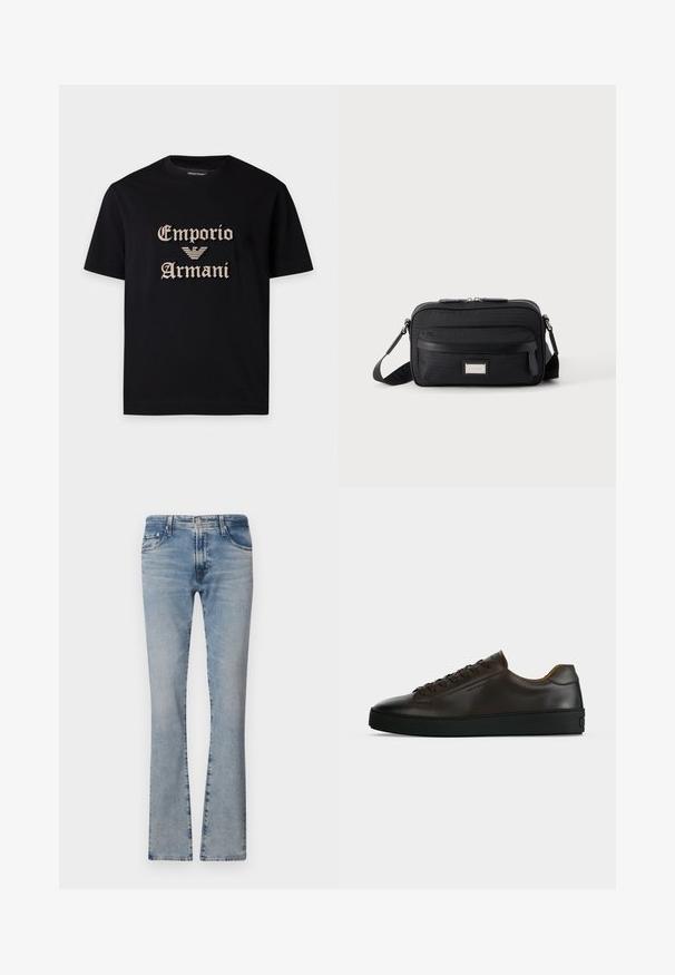 Schwarzes T-Shirt mit kurzen Ärmeln, beigem "Emporio Armani" Text und Adler-Logo, auf der Vorderseite mittig bestickt.; Hellblaue, ausgestellte Jeans aus Denim mit mittelhohem Bund, fünf Taschen und einem verblassten Finish, ausgestattet mit einem Reißverschluss und einem Metallknopfverschluss.; Flach geschnittener dunkelbrauner Ledersneaker mit schwarzer Gummisohle, Schnürung vorne und schlicht-minimalistischem Design auf hellem Hintergrund.; Schwarze rechteckige Umhängetasche mit vorderer Reißverschlusstasche, verstellbarem Riemen und silberner rechteckiger Logo-Plakette auf einfarbigem Hintergrund.