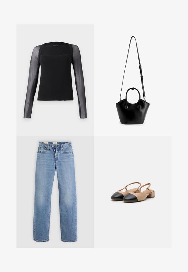 Sort langærmet top med en ensfarvet bodice og gennemsigtige sorte meshærmer. Har en kvadratisk halsudskæring og en glat tekstur.; Lysblå denimjeans med lige ben-design, metalknaplukning, forlommer og diskrete falmenotater over det hele.; Beige læder slingback sko med sort tophætte, blokhæle og justerbar rem. Glat tekstur og minimalistisk design.; Sorte læderhåndtaske med en struktureret form, der har et cirkulært håndtag i toppen og en aftagelig skulderrem for alsidige bære muligheder.