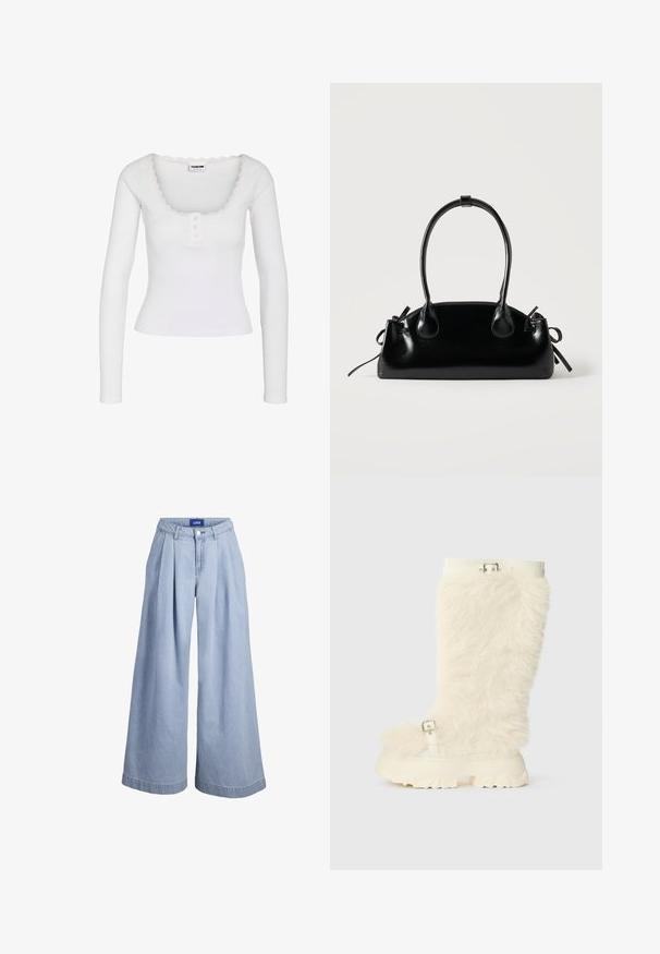 Haut blanc à manches longues côtelé avec encolure dégagée, bordure en dentelle et trois petits boutons sur la patte de boutonnage avant.; Pantalon en denim bleu clair à jambes larges avec plis à l'avant, fermeture par boutons et étiquette JJXX sur la ceinture intérieure.; Bottes en fausse fourrure crème hauteur genou avec une semelle en caoutchouc blanche chunky, présentant une sangle à boucle et un design plat et texturé.; Petit sac à main noir brillant avec deux longues anses et des détails à cordon sur les côtés sur un fond clair uni.