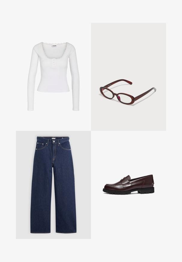 Hvid langærmet ribbet top med bådudskæring, blondekant og tre små knapper på frontklappen.; Mørkeblå denim brede ben jeans med høj talje, der har fem lommer, bæltestropper og detaljer med kobber stikninger. Glat tekstur.; Timberland Loafers - burgundy; Ovale røde solbriller med klare linser og slanke brune stel. Designet har subtile kurver og minimalt hardware.