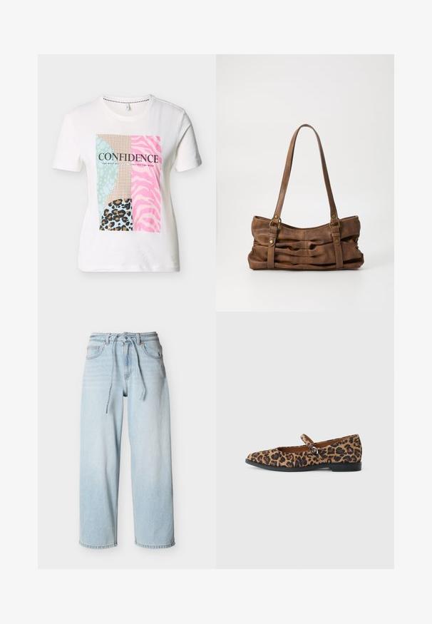 Weißes kurzärmeliges T-Shirt mit einem mehrfarbigen Tierdruck-Block und dem Wort "CONFIDENCE" in schwarzer Schrift auf der Brust.; Hellblaue, weite Denim-Jeans mit Kordelzugbund, vorderen Taschen und Gürtelschlaufen vor einfarbigem Hintergrund.; Leopardenmuster flache Schuhe mit abgerundeter Spitze, einem schwarzen Riemen über dem Spann und einer niedrigen schwarzen Sohle. Weicher Stofftextur.; Even&Odd Handtasche - brown