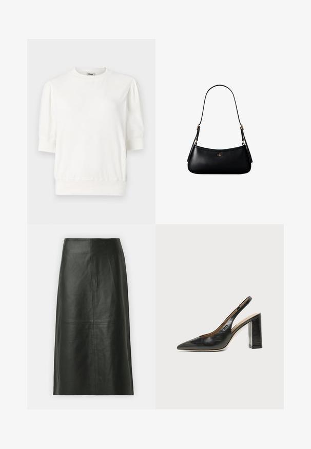 Top pulóver blanco de manga corta con escote redondeado, mangas fruncidas y cintura ajustada. Fabricado en tejido suave.; Falda midi de cuero negro con corte recto. Textura suave, costuras mínimas y cinturilla ajustada. Sin bolsillos visibles ni detalles adicionales.; Zapato slingback de piel negra con puntera puntiaguda, tacón alto y ancho, y forro interior beige sobre un fondo claro y liso.; Mini bolso negro de cuero para hombro con correa delgada y pequeño logo dorado CK en el centro frontal.
