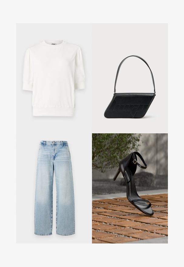 Weißes Kurzarm-Pullover-Oberteil mit rundem Halsausschnitt, gerafften Ärmeln und einer taillierten Taille. Aus weichem Stoff gefertigt.; Hellblaues Denim-Hose mit weitem Bein, hoher Taille, subtilen Used-Effekten, rohem Saum und klassischem Fünf-Taschen-Design.; Schwarze Sandalette mit hohem Absatz und Knöchelriemen schwebt über einem Holzboden im Freien vor verschwommenem Grün und Steinhintergrund.; Schwarze Leder-Umhängetasche mit dreieckiger Form, geprägt mit Logo und einem einzigen verstellbaren Riemen. Minimalistisches Design mit glatter Textur.