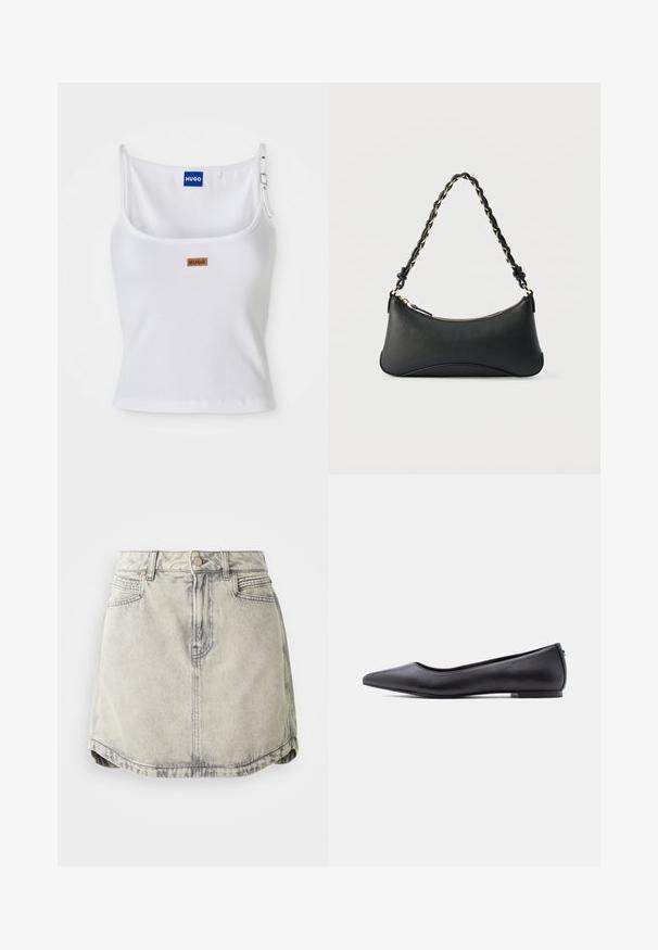 Camiseta sin mangas blanca con textura de canalé y tirantes ajustables, que presenta una etiqueta de logo azul y una pequeña etiqueta marrón, elaborada con un material suave y elástico.; Falda de denim en gris claro con textura desgastada, que cuenta con una cinturilla abotonada, bolsillos frontales y un dobladillo ligeramente curvado.; Zapato plano de cuero negro con punta puntiaguda y tacón bajo, mostrado de perfil contra un fondo blanco.; Bolso de hombro de cuero negro con forma rectangular curvada, cadena dorada entrelazada en una correa negra trenzada y cierre superior con cremallera.