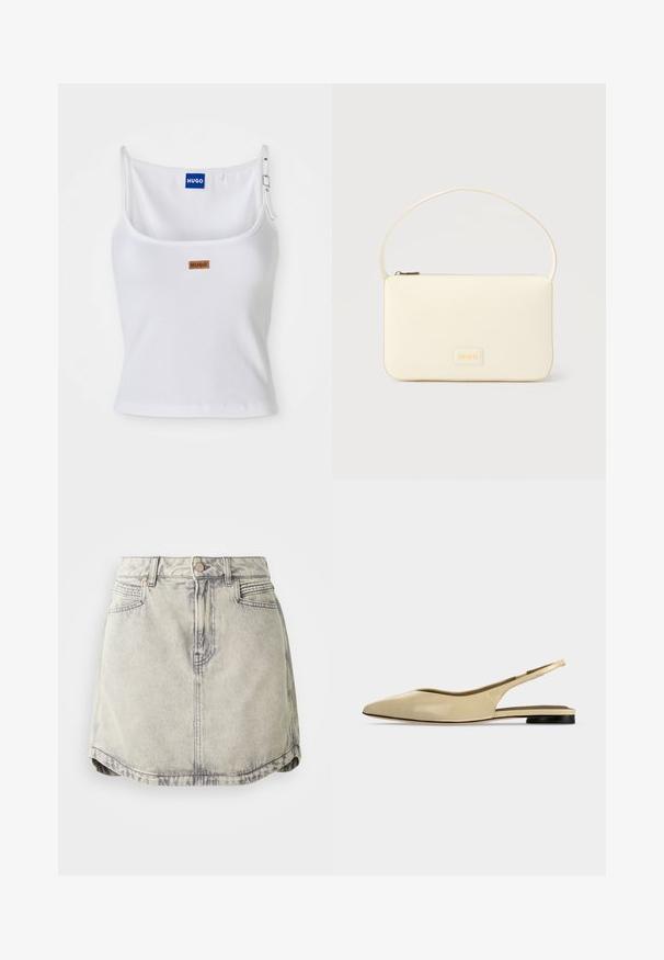 Witte geribde tanktop met verstelbare bandjes, voorzien van een blauw logo label en een klein bruin label, gemaakt van een zachte, rekbare stof.; Denim rok in lichtgrijs met een vervaagde textuur, voorzien van een knoopsluiting in de taille, voorzakken en een licht gebogen zoom.; Beige platte slingback schoen met puntige neus, lage zwarte hak en een glad leren afwerking, zijaanzicht op een effen achtergrond.; Roomkleurige rechthoekige handtas met een enkele draagband en een ritssluiting aan de bovenkant, met een klein ingegraveerd logoplacaat op de voorkant.