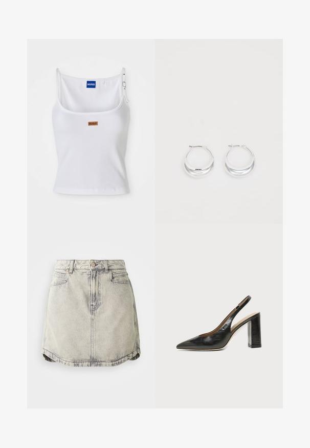 Hvid ribbet tanktop med justerbare stropper, der har et blåt logo-label og et lille brunt tag, fremstillet af blødt, strækbart materiale.; Denim nederdel i lys grå med en falmet tekstur, der har en knappet talje, forlommer og en let buet sømdesign.; Sort læder peep-toe slingback sko med høj blokhæl og beige indvendig foring mod en ensfarvet lys baggrund.; Sølv hoops øreringe med en poleret overflade og DKNY branding, præsenteret mod en simpel hvid baggrund.