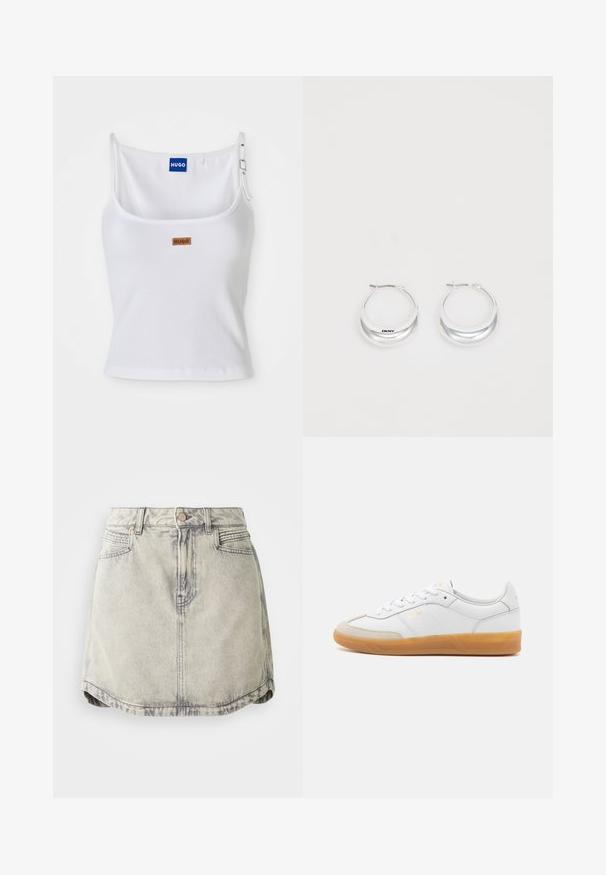 Camiseta sin mangas blanca con textura de canalé y tirantes ajustables, que presenta una etiqueta de logo azul y una pequeña etiqueta marrón, elaborada con un material suave y elástico.; Falda de denim en gris claro con textura desgastada, que cuenta con una cinturilla abotonada, bolsillos frontales y un dobladillo ligeramente curvado.; Zapatilla de cuero blanca con acentos de ante beige, suela de goma y diseño de cordones. Presenta un sutil logo en dorado.; Pendientes de aro de plata con un acabado pulido y la marca DKNY, exhibidos sobre un fondo blanco liso.