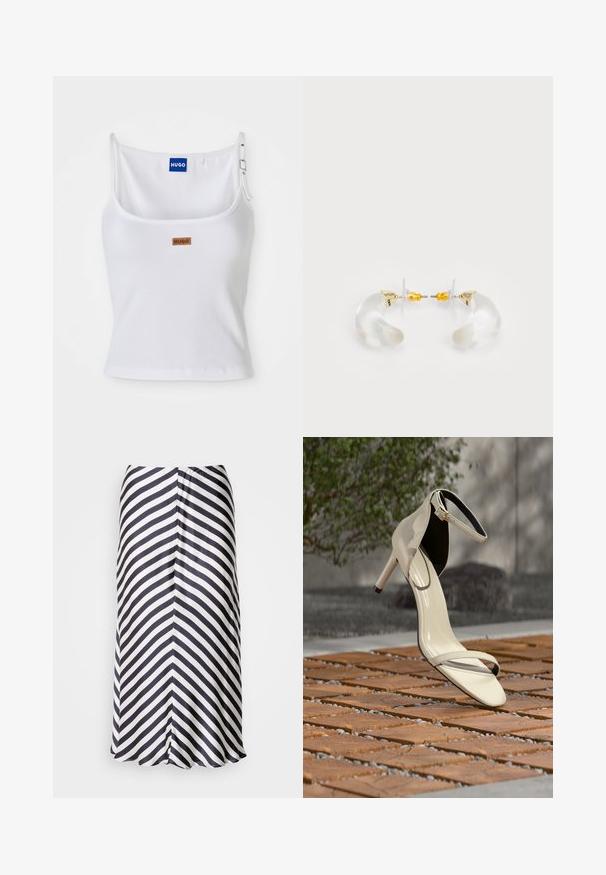 Witte geribde tanktop met verstelbare bandjes, voorzien van een blauw logo label en een klein bruin label, gemaakt van een zachte, rekbare stof.; Knielange rok met een diagonaal zwart-wit gestreept patroon, gemaakt van een lichte stof met een zachte textuur en een uitlopend zoom.; Beige sandaal met hoge hak en enkelriem, geplaatst op houten latten buiten, met vervaagde groene planten en betonnen achtergrond.; Heldere acryl oorringen met gouden accenten, met een gebogen ontwerp en transparante sluiting. Gladde textuur, minimalistische stijl.