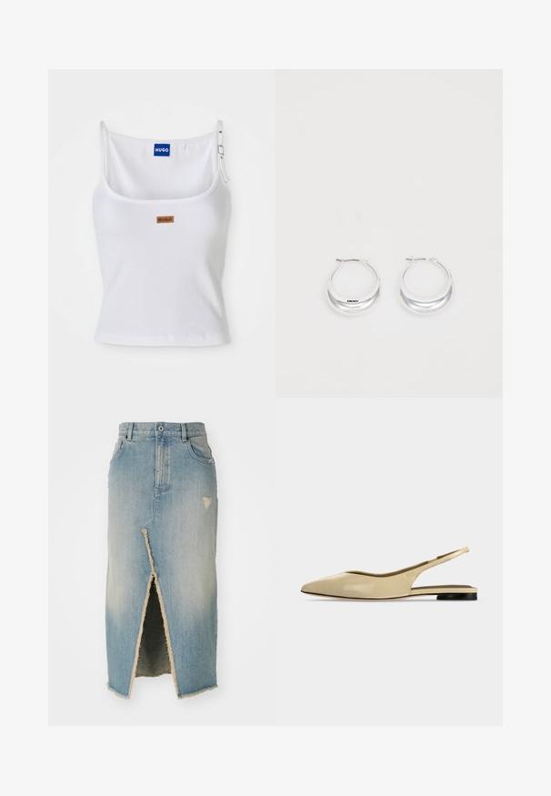 Hvid ribbet tanktop med justerbare stropper, der har et blåt logo-label og et lille brunt tag, fremstillet af blødt, strækbart materiale.; Denim nederdel, lyseblå, midtlængde med frayed kant. Har en frontslids og slidte detaljer nær taljen og kanten.; Beige spids tå slingback flad sko med lav sort hæl og en glat læderfinish, vist fra siden på en ensfarvet baggrund.; Sølv hoops øreringe med en poleret overflade og DKNY branding, præsenteret mod en simpel hvid baggrund.