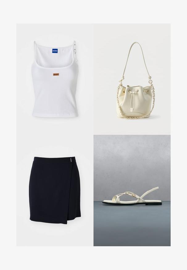 Valge nööriga tank top reguleeritavate rihmadega, millel on sinine logo silt ja väike pruun silt, valmistatud pehmest ja venivast materjalist.; Tumesinine mini mähkmeriba sileda kangaga, külgse lõhe ja väikese metallist aktsendiga vööl. Puhtad, minimalistlikud jooned.; Valged rihmadega tasapinnalised sandaalid, millel on pahkluu pannal, hõljuvad puidust plaatidega õuepinnal lähedal taimestikule ja hallile kivimüürile.; Kreemja värvi nahast ämbrikujuline kott, millel on tõmbluku sulgemine, punutud kett ja nahast õlarihm ning kuldse tooniga silmused.