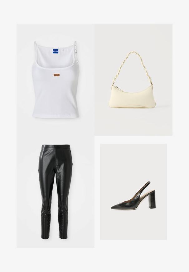 Débardeur blanc côtelé avec bretelles réglables, arborant une étiquette logo bleue et une petite étiquette marron, fabriqué en tissu doux et extensible.; Pantalons en cuir noir avec une coupe slim, présentant une texture lisse et une taille haute. Les détails comprennent des accents au niveau des genoux pour un design supplémentaire.; Escarpin slingback en cuir noir pour femme avec bout pointu et talon bloc épais et haut sur fond blanc.; Petit sac à main couleur crème avec une forme incurvée et une poignée en chaîne torsadée ton or, fermeture éclair sur le dessus