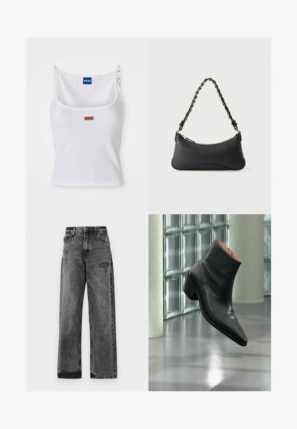 Witte geribde tanktop met verstelbare bandjes, voorzien van een blauw logo label en een klein bruin label, gemaakt van een zachte, rekbare stof.; Zwarte denim jeans met wijde pijpen, een vervaagde wassing, verweringdetails aan de voorkant en een standaard vijf-pocketontwerp.; Zwarte leren enkellaars met een spitse neus en blokhak die zweeft boven een reflecterende grijze vloer nabij een glazen blokmuur.; Zwarte lederen schoudertas met een gebogen rechthoekige vorm, gouden ketting verweven in een gevlochten zwarte band, en een ritssluiting bovenop.