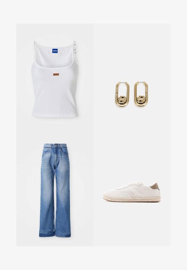 Weißes, geripptes Tanktop mit verstellbaren Trägern, ausgestattet mit einem blauen Logolabel und einem kleinen braunen Etikett, gefertigt aus weichem, dehnbarem Material.; Helle blaue weite Jeans aus Denim, mit hoher Taille, fünf Taschen und subtilen Waschungen an der Vorderseite für Textur.; Weißer Sneaker mit Obermaterial aus Wildleder, beigen Akzenten und einer Sohlenpartie aus gewebtem Jute. Ausgestattet mit flachen Schnürsenkeln und einem seitlichen Logo mit Markenaufdruck.; BOSS DOUBLE B SWING - Ohrringe - gold-coloured