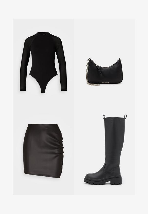Zwart langemouwen bodysuit met hoge hals, met een ondoorzichtige stof op het lichaam en transparante mouwtjes, ontworpen in een fitted model.; Zwarte minirok van glad synthetisch materiaal, met rimpeldetails aan één kant en een aansluitende pasvorm.; Zwarte kniehoge laars van soepel leer met een chunky zool en een lichte hak. Voorzien van trekbanden en elastische zijpanelen voor gemakkelijk aan- en uittrekken.; Zwarte synthetische handtas met een gebogen vorm, zilveren kettingriem, ritsluiting en een reliëf logo van het merk op de voorkant. Gladde textuur.