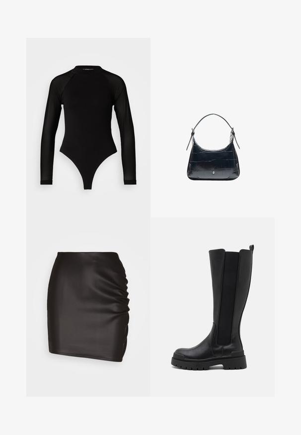 Sort langermet bodysuit med høj hals, fremstillet af solidt stof på torsoen og gennemsigtigt mesh på ærmerne, designet i en tætsiddende form.; Sort mini skirt lavet af glat syntetisk materiale, med rynket detaljer på den ene side og en tætsiddende silhuet.; Even&Odd by Zalando Plateaustøvler - black; Sort læder skuldertaske med krokodilletekstur og sølvspænde, med justerbar strop med kædetaljer på hvid baggrund.