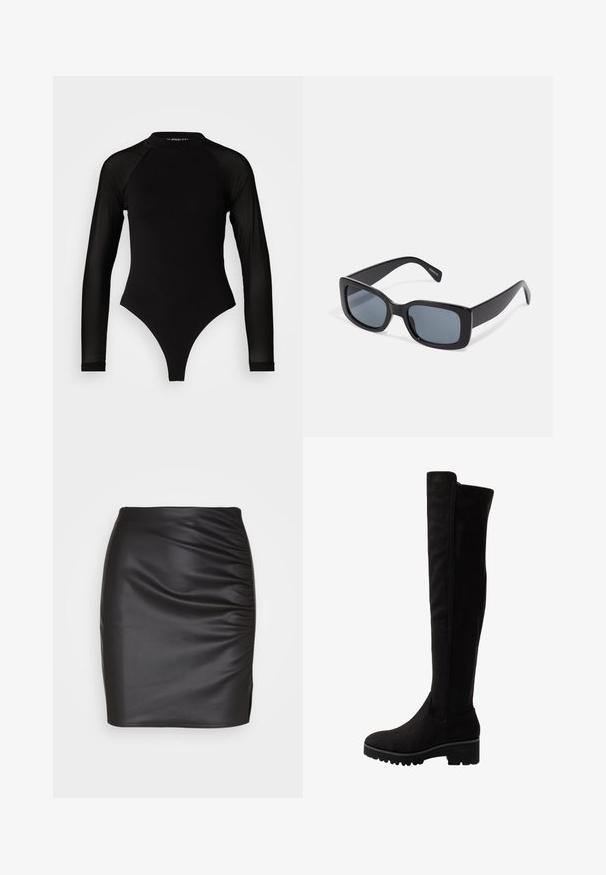 Zwart langemouwen bodysuit met hoge hals, met een ondoorzichtige stof op het lichaam en transparante mouwtjes, ontworpen in een fitted model.; Zwarte faux leren strakke rok met een geplooid textuur aan één kant en een kleine split aan de zoom, wat zorgt voor een slanke silhoeët.; Zwarte over-de-knie laarzen van zachte suede met een platte zool, voorzien van een ronde neus en elastische zijpanelen voor gemakkelijk aan- en uittrekken.; Zwarte rechthoekige zonnebril met donkere getinte lenzen, een dik plastic montuur en brede scharnieren. Glad oppervlak en hoekig ontwerp.