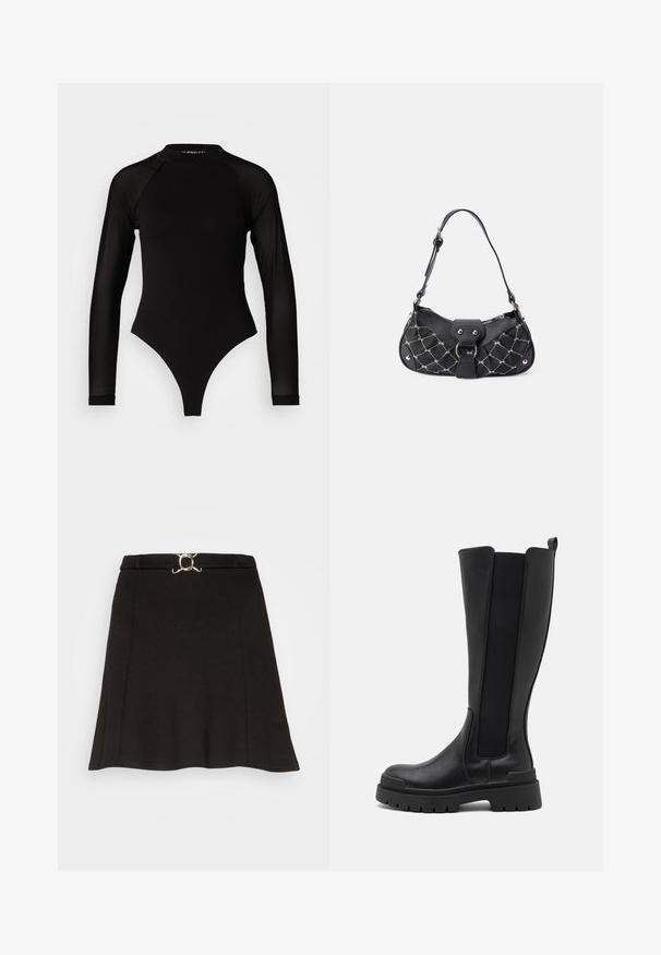 Zwart langemouwen bodysuit met hoge hals, met een ondoorzichtige stof op het lichaam en transparante mouwtjes, ontworpen in een fitted model.; Even&Odd Minirok - black; Even&Odd Plateaulaarzen - black; Zwarte handtas met een gekruist textuur, voorzien van zilveren hardware, een gebogen vorm en een enkele verstelbare hengsel. Ritssluiting aan de bovenkant.