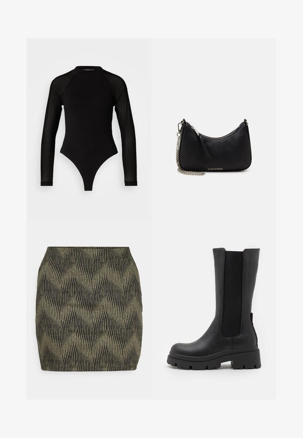 Sort langermet bodysuit med høj hals, fremstillet af solidt stof på torsoen og gennemsigtigt mesh på ærmerne, designet i en tætsiddende form.; ONLY ONLTORA SKIRT - Mini skirts - winter moss/black; ONLY SHOES ONLDOJA - Plateaustøvler - black; Sort syntetisk håndtaske med en buet form, sølv kædetræk, lynlåslukning og præget brandlogo på forsiden. Glat tekstur.