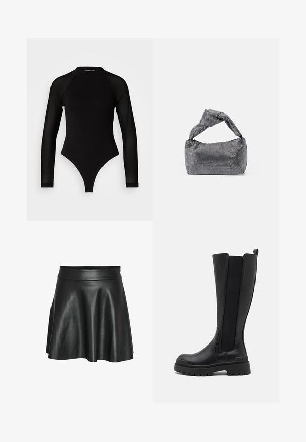 Sort langermet bodysuit med høj hals, fremstillet af solidt stof på torsoen og gennemsigtigt mesh på ærmerne, designet i en tætsiddende form.; Sort nederdel i kunstlæder med et udvidet A-linje design, der har en glat, skinnende overflade og en tætsiddende talje.; Even&Odd by Zalando Plateaustøvler - black; Sorte og sølv håndtaske med en tekstureret overflade, der har et diamantmønster, en knyttet håndtag og en struktureret form.