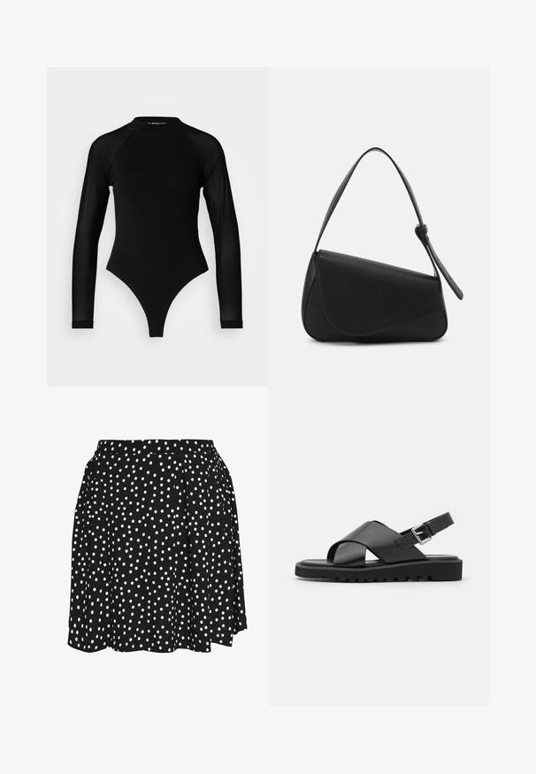 Zwart langemouwen bodysuit met hoge hals, met een ondoorzichtige stof op het lichaam en transparante mouwtjes, ontworpen in een fitted model.; Even&Odd A-lijn rok - white/black; Zwarte leren sandalen met een kruisbandontwerp, verstelbare gesp en een gestructureerde zool met ribbels voor grip.; Zwart leren handtas met een driehoekige vorm, schuine klep en een ronde handgreep. Heeft een gladde textuur en minimalistische ontwerpelementen.