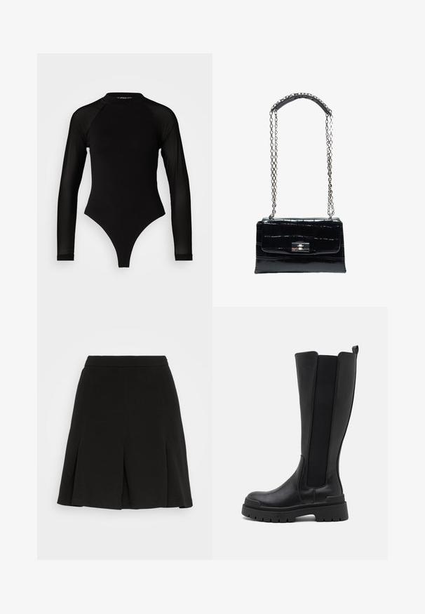 Sort langermet bodysuit med høj hals, fremstillet af solidt stof på torsoen og gennemsigtigt mesh på ærmerne, designet i en tætsiddende form.; Even&Odd by Zalando Mini skirts - black; Even&Odd by Zalando Plateaustøvler - black; Sort håndtaske i krokodilletekstureret læder med sølvfarvet drejelås og lang sølvkæde med læder skulderpude.