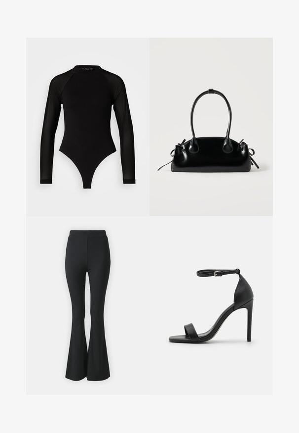Schwarzer Langarm-Body mit hohem Kragen, bestehend aus festem Stoff im Torso und transparenten Netzärmel, entworfen in einer körperbetonten Form.; Schwarze ausgestellte Hosen aus elastischem Stoff. Sie haben einen hohen Bund und ein glattes, eng anliegendes Design, das ab dem Knie nach unten ausgestellt ist.; Schwarze hochhackige Sandale mit elegantem Design, featuring einem Knöchelriemen, offener Zehenpartie und glattem Lederfinish.; Kleine schwarze glänzende Handtasche mit zwei langen Griffen und seitlichen Kordelzug-Details vor einfachem hellem Hintergrund.