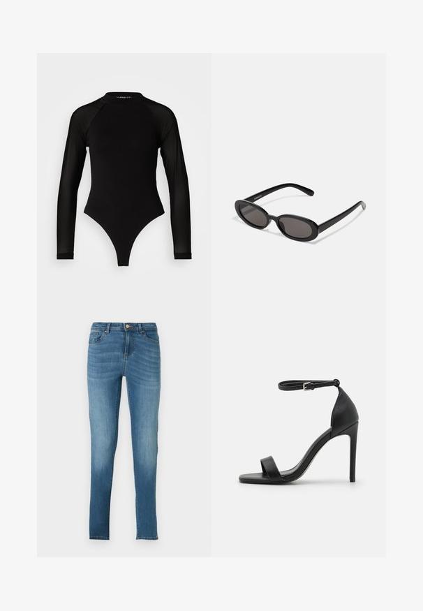 Schwarzer Langarm-Body mit hohem Kragen, bestehend aus festem Stoff im Torso und transparenten Netzärmel, entworfen in einer körperbetonten Form.; Schmale Jeans aus hellblauem Denim mit einem verblassten Effekt, fünf Taschen, Metallknopfverschluss und dezenten Nähdetails. Gerader Schnitt.; Schwarze hochhackige Sandale mit elegantem Design, featuring einem Knöchelriemen, offener Zehenpartie und glattem Lederfinish.; Even&Odd by Zalando Sonnenbrille - black