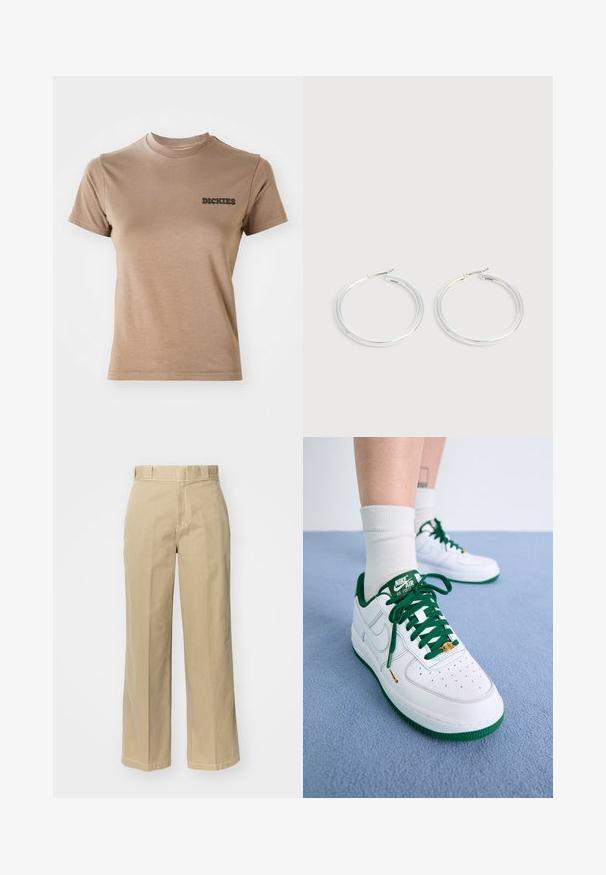 Hnedé bavlnené tričko s krátkymi rukávmi a okrúhlym výstrihom. Na ľavej strane hrude je čierne logo "DICKIES". Hladká textura.; Bežové nohavice s širokými nohavicami vyrobené z bavlny, s pútkami na opasok, zipsom a kontrastným prešívaním pozdĺž švov.; Biele kožené tenisky Nike Air Force 1 s zelenými akcentmi, šnúrkami a podrážkou; s perforovanou špičkou a zlatým detailom v oblasti šnúrok.; Pár lesklých strieborných kruhových náušníc s tenkými drôtenými zapínaniami, zobrazených na svetlo šedom pozadí.