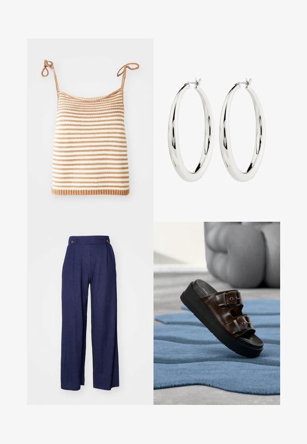 Haut en tricot rayé avec liens ajustables, arborant des rayures horizontales brunes et blanches alternées, une coupe ajustée et un ourlet côtelé.; Pantalons larges bleu marine en tissu doux, dotés de plis et de deux boutons à l'avant de la taille pour un détail supplémentaire.; Sandale mule en cuir brun avec deux boucles argentées réglables sur une semelle plateforme noire, posée sur un tapis bleu texturé.; Boucles d'oreilles en argent en forme de halo, avec une surface lisse et réfléchissante. Forme ronde et large avec un fermoir sécurisé en haut. Fini poli mettant en valeur l'éclat.
