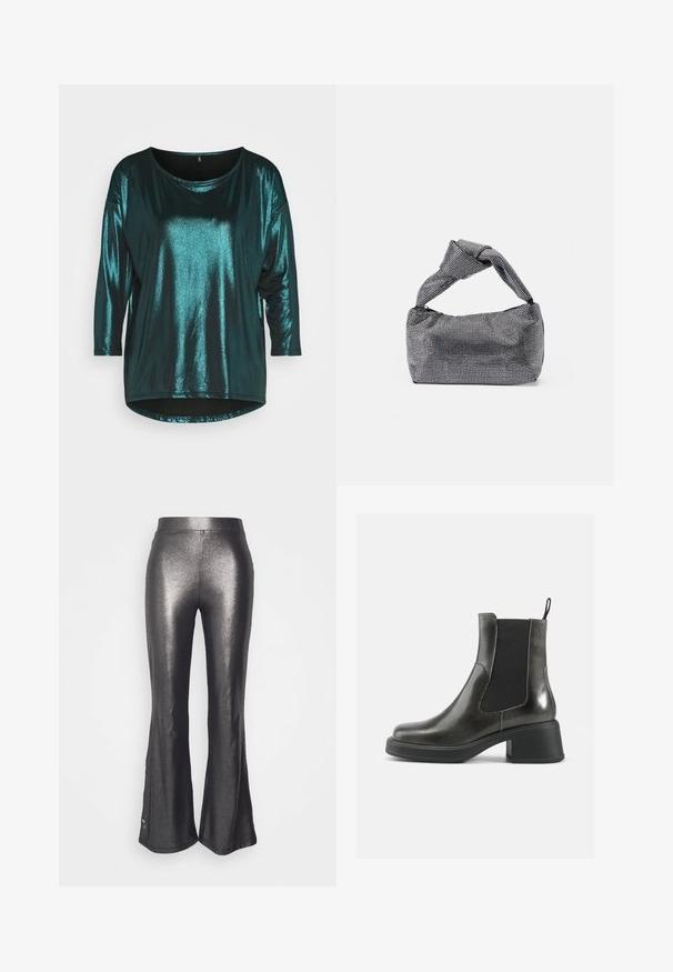 ONLY ONLELISA 3/4 SHINE - Langærmet T-shirt - black/bayberry; Even&Odd Petite Bukser - black/silver; Sorte læder ankelstøvler med en glat finish, elastiske sidepaneler og en kraftig hæl. Har en strop for nemmere påtagning.; Sorte og sølv håndtaske med en tekstureret overflade, der har et diamantmønster, en knyttet håndtag og en struktureret form.