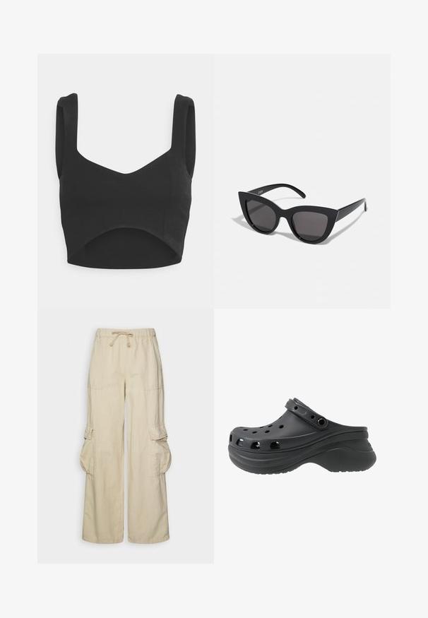 Even&Odd Débardeur - black; Pantalons cargo larges beiges avec taille à cordon, deux poches avant et poches à rabat de chaque côté des jambes.; Sabot noir avec des trous de ventilation sur les côtés, composé d'un matériau plastique léger. Il dispose d'une sangle à l'arrière et d'une semelle texturée.; Lunettes de soleil noires en forme d'œil de chat avec une finition mate, dotées de verres teintés gris, d'angles aigus et de branches élégantes. Nom de la marque visible sur la branche intérieure.