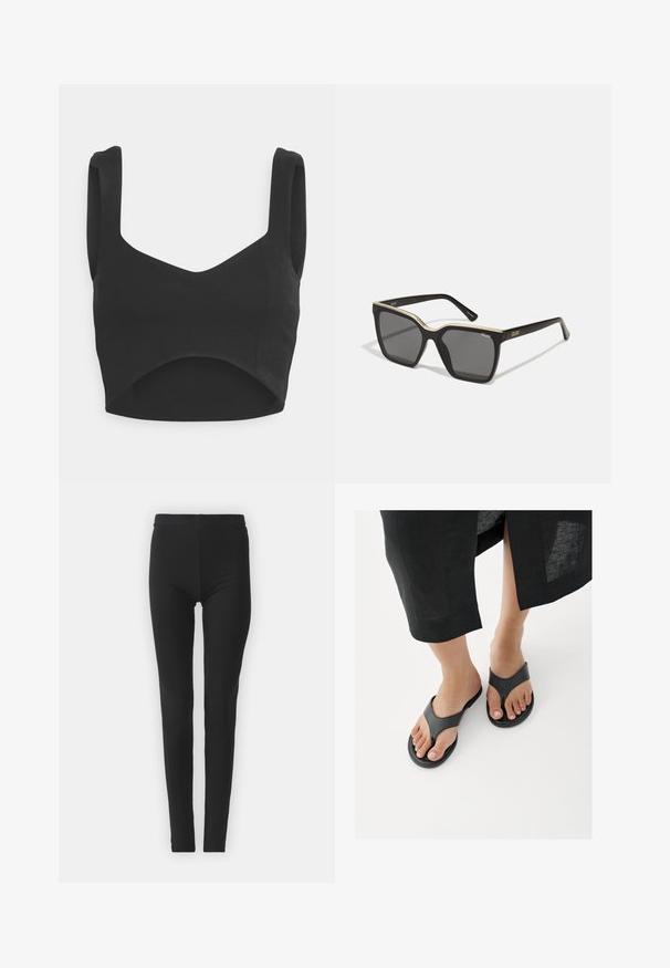 Even&Odd Top - black; Zwarte, rekbare leggings met een strakke pasvorm, uitgerust met een hoge tailleband en een gladde textuur. Geen zichtbare patronen of hardwaredetails.; Close-up van voeten die zwarte leren teenslippers dragen, met een zoom van een zwarte rok zichtbaar boven de enkels op een witte vloer.; Zwarte zonnebril met een dikke rand, gouden accenten langs de bovenrand en donkere lenzen. Heeft ronde hoeken en "QUAY" merknaam op de pootjes.