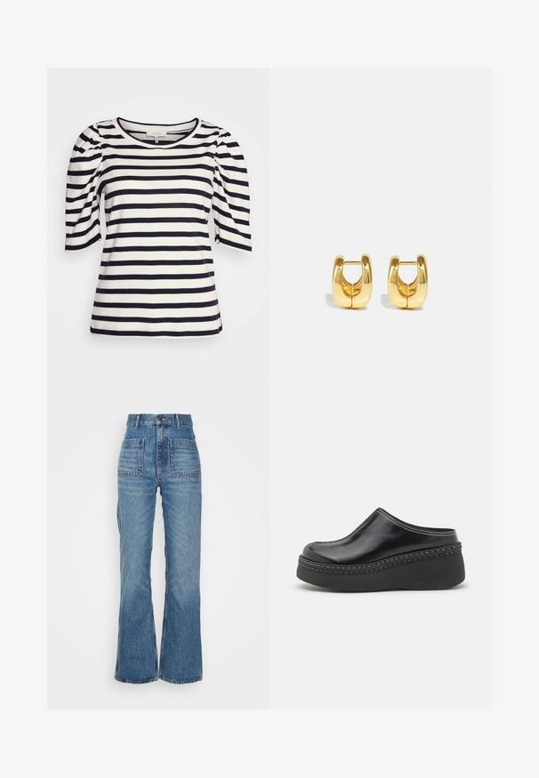 Gestreiftes Jersey-Oberteil mit kurzen Puffärmeln. Mit marineblauen und weißen horizontalen Streifen sowie einem runden Halsausschnitt. Strukturierter Rippstoff.; Hoch taillierte blaue Jeans aus Denim mit weitem Bein, zwei Fronttaschen und zwei Gesäßtaschen; strukturiert mit einem ausgewaschenen Look.; Schwarze, glänzende Plateauclogs mit runder Spitze, geschwungenem Oberteil und kontrastierendem weißen Stich entlang der Kante der Sohle.; Goldene Creolen mit einem schlanken, abgerundeten Design. Sie verfügen über eine hohle Mitte und eine glänzende Oberfläche, die moderne Stile ergänzen.