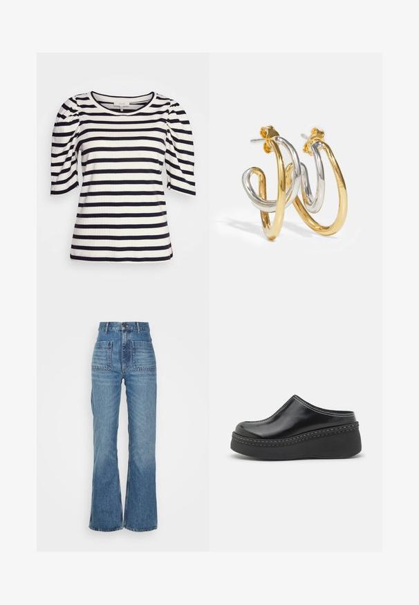 Gestreiftes Jersey-Oberteil mit kurzen Puffärmeln. Mit marineblauen und weißen horizontalen Streifen sowie einem runden Halsausschnitt. Strukturierter Rippstoff.; Hoch taillierte blaue Jeans aus Denim mit weitem Bein, zwei Fronttaschen und zwei Gesäßtaschen; strukturiert mit einem ausgewaschenen Look.; Schwarze, glänzende Plateauclogs mit runder Spitze, geschwungenem Oberteil und kontrastierendem weißen Stich entlang der Kante der Sohle.; Gold- und Silber-verwobene Creolen mit glatten, glänzenden Oberflächen; mit einem Steckverschluss für sicheren Sitz.