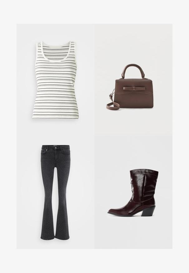 Débardeur rayé en blanc cassé avec de fines rayures horizontales noires. Présente un décolleté rond et une texture côtelée. Design sans manches classique.; Jean noir évasé en denim, orné de clous métalliques sur l'ensemble. Cinq poches et fermeture à bouton à l'avant.; Bottines en cuir bourgogne avec un bout pointu, une surface texturée et un petit talon effilé. Présente une couture discrète et un ajustement confortable.; Petit sac à main en cuir marron avec poignée supérieure, bandoulière amovible et rabat avant accentué par une bande horizontale en cuir.