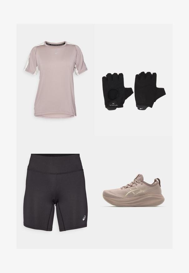 ASICS FUJITRAIL ELITE TOP - Sports T-shirts - rainstorm grey/cream; Sorte atletiske shorts med en glat tekstur, tætsiddende design og høj talje. Har kontrasterende syninger og et lille logo på underbenet.; Lyserød løbesko med et strømlinet design, tekstureret overdel og en puffet sål. Har et logo og et minimalistisk snøresystem.; Sorte fingerløse handsker med et tekstureret design. Lavet af et åndbart materiale, med en tommelfingeråbning og forstærket håndflade for bedre greb.