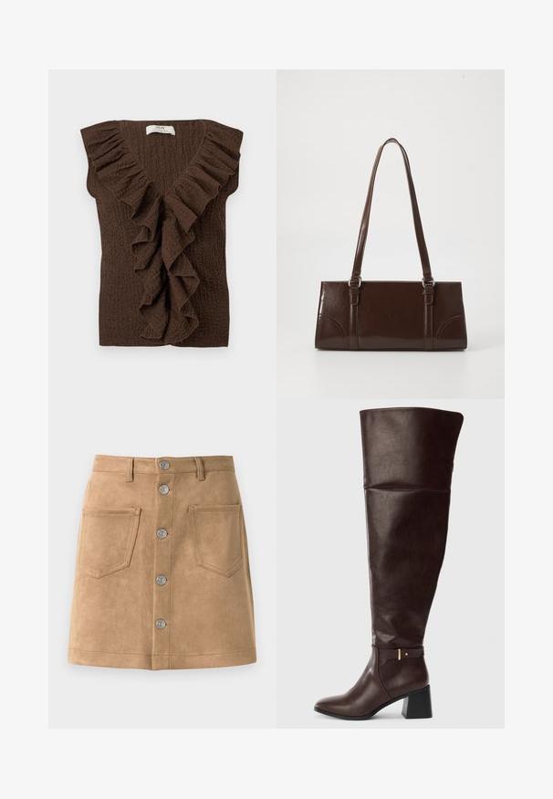 Mørkebrun tekstureret ærmeløs top med dyb V-hals og flæsedetaljer langs halsudskæringen og frontens midte.; Tan suede nederdel med en tætsiddende form, fem metalliske frontknapper og to forlommer, der har en glat tekstur og rene kanter.; Mørkebrun knæhøj læderstøvle med blokhæl og dekorativ stropdetalje på siden, vist mod en ensfarvet lys baggrund.; Brun lakeret håndtaske med rektangulær form, to lange håndtag og subtile buede detaljer på fronten.