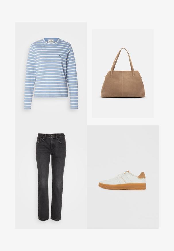Langemouwen gestreepte shirt met een lichtblauwe basis en witte strepen, ronde hals en een klein logo in marineblauw op de linkerborst.; Zwarte denim jeans met een recht model, voorzien van een klassiek vijf-pocket ontwerp, een ritssluiting en contrasterende stiksels langs de naden.; Witte leren sneakers met een tan suède hakaccent en een gumrubberen zool, voorzien van gestikte details en een vetersluiting. Gouden branding aan de zijkant.; Grote beige suède draagtas met dubbele schouderriemen en een eenvoudig, onopgesmukt ontwerp tegen een lichte achtergrond.